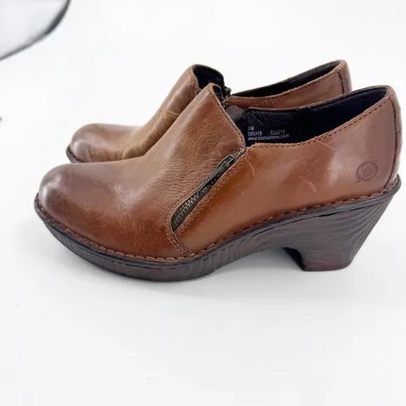 ✅ Born Elliott Women's Brown Leather Side Zip Clogs Shoes Size 7