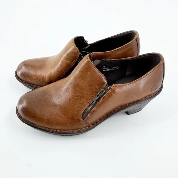 ✅ Born Elliott Women's Brown Leather Side Zip Clogs Shoes Size 7