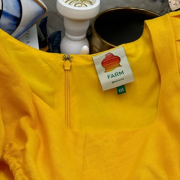 🆕 FARM Rio 🧿 NWOT Linen Cut Out Midi Dress, Yellow - Size XXS