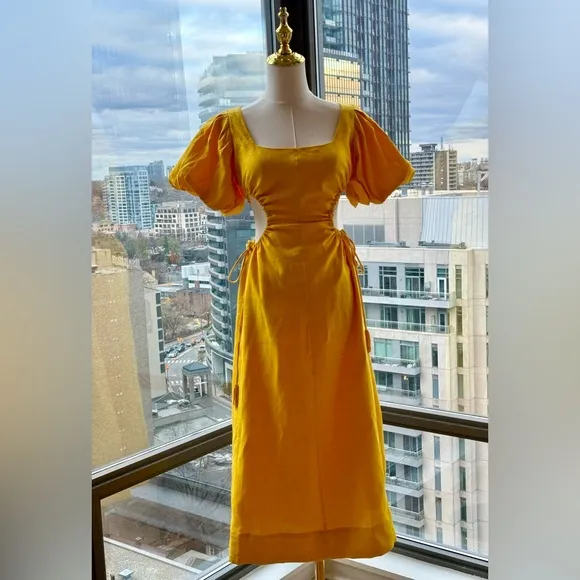 🆕 FARM Rio 🧿 NWOT Linen Cut Out Midi Dress, Yellow - Size XXS