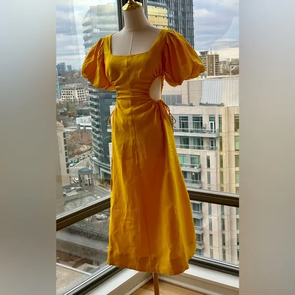 🆕 FARM Rio 🧿 NWOT Linen Cut Out Midi Dress, Yellow - Size XXS