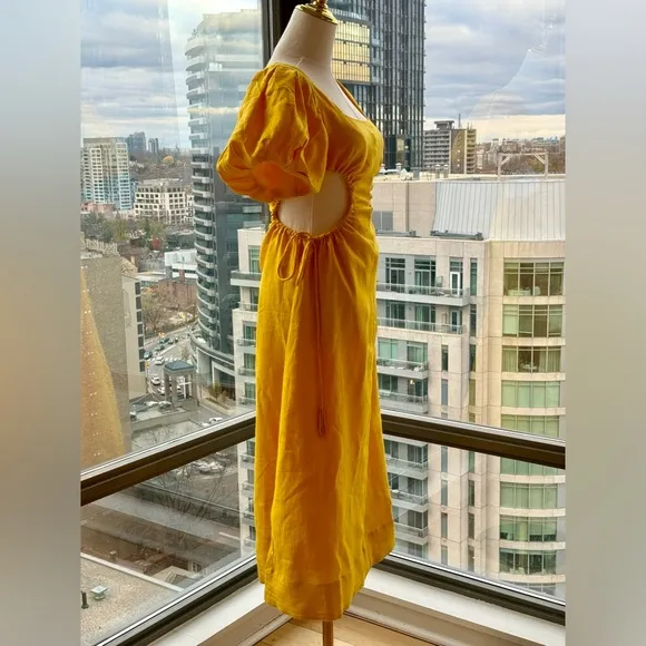 🆕 FARM Rio 🧿 NWOT Linen Cut Out Midi Dress, Yellow - Size XXS