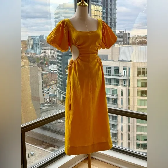 🆕 FARM Rio 🧿 NWOT Linen Cut Out Midi Dress, Yellow - Size XXS