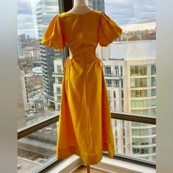 🆕 FARM Rio 🧿 NWOT Linen Cut Out Midi Dress, Yellow - Size XXS