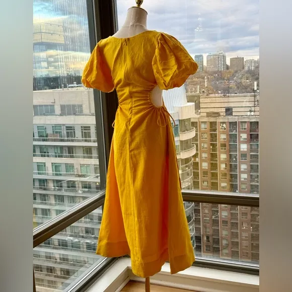 🆕 FARM Rio 🧿 NWOT Linen Cut Out Midi Dress, Yellow - Size XXS