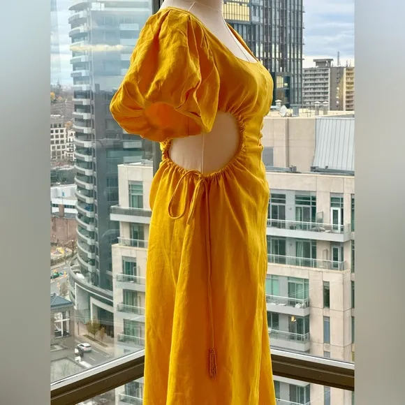 🆕 FARM Rio 🧿 NWOT Linen Cut Out Midi Dress, Yellow - Size XXS