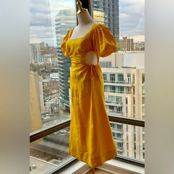 🆕 FARM Rio 🧿 NWOT Linen Cut Out Midi Dress, Yellow - Size XXS