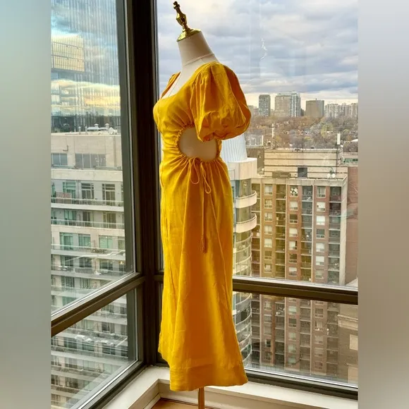 🆕 FARM Rio 🧿 NWOT Linen Cut Out Midi Dress, Yellow - Size XXS