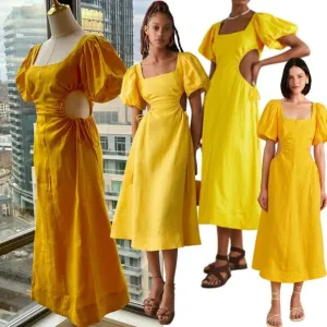 🆕 FARM Rio 🧿 NWOT Linen Cut Out Midi Dress, Yellow - Size XXS