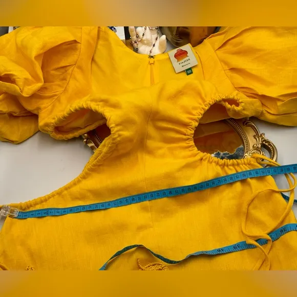 🆕 FARM Rio 🧿 NWOT Linen Cut Out Midi Dress, Yellow - Size XXS