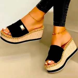 💼 Open Toe Casual Wedge Sandal Black Canvas