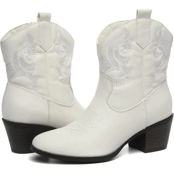 ✨ Tyndall Ankle Boots Women White Faux Leather Western Wear Fashion Cowboy Boots
