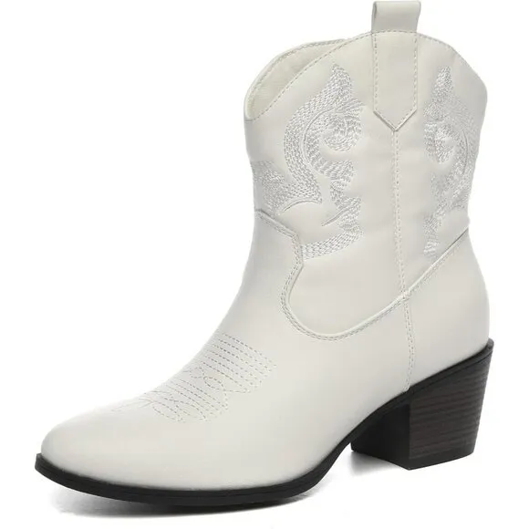 ✨ Tyndall Ankle Boots Women White Faux Leather Western Wear Fashion Cowboy Boots