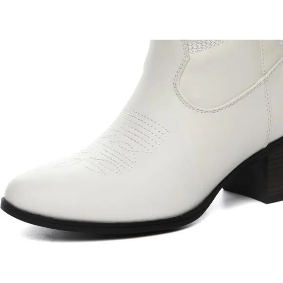 ✨ Tyndall Ankle Boots Women White Faux Leather Western Wear Fashion Cowboy Boots