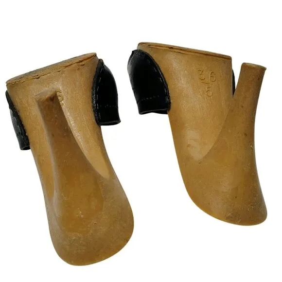 1970s Candies Style Faux Wood Heels Black Leather Vintage Pumps US 5 EUR 36