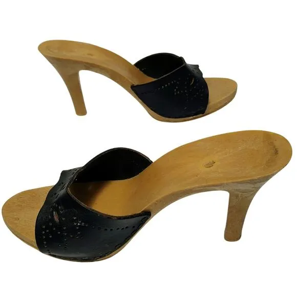 1970s Candies Style Faux Wood Heels Black Leather Vintage Pumps US 5 EUR 36