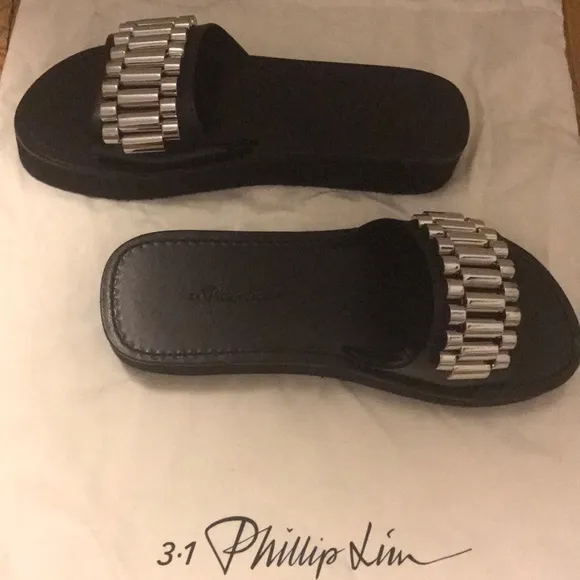 3.1 Phillip Lim Black Sandals with Silver Accents