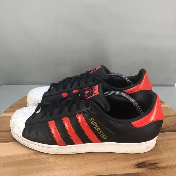 Adidas Superstar Leather Sneakers Mens 12 Black Red Stripes Casual Shoes Lace Up
