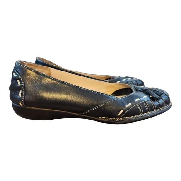 Aerosoles open ended womens sz 7 leather black tassels slip on shoes
