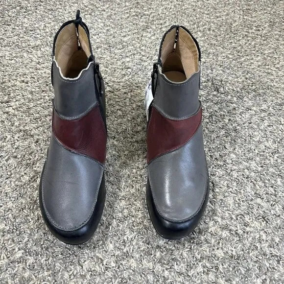 Aetrex Samantha Leather Ankle Boots Patchwork Gray Black Red Zip 8.5 NEW READ