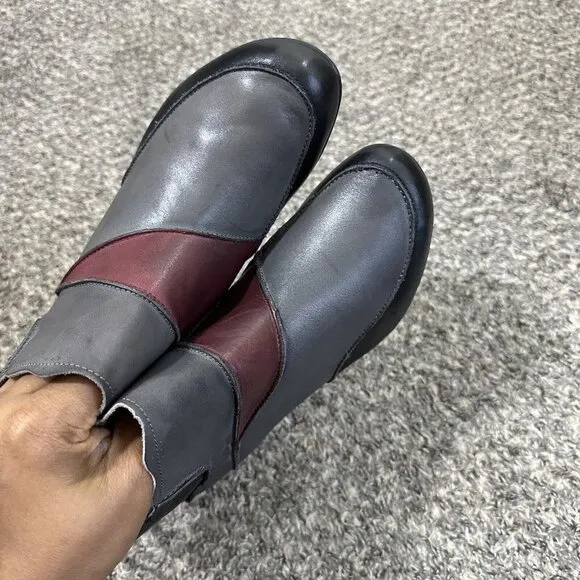 Aetrex Samantha Leather Ankle Boots Patchwork Gray Black Red Zip 8.5 NEW READ