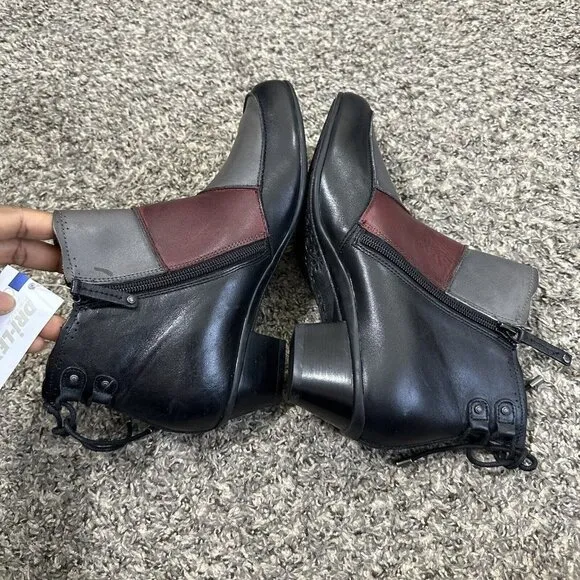 Aetrex Samantha Leather Ankle Boots Patchwork Gray Black Red Zip 8.5 NEW READ