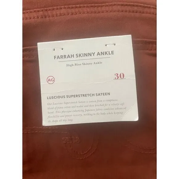 AG Adriano Goldschmied Farrah Skinny Ankle Jeans High Rise‎ Stretch Sateen 30