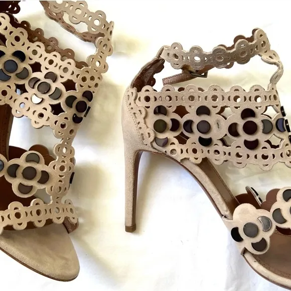 Alaïa Tan Cutout Stiletto Heels With Black Jewels 39