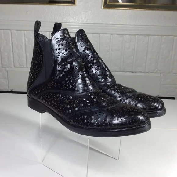 Alaia Laser Cut Black Leather Ankle Boots