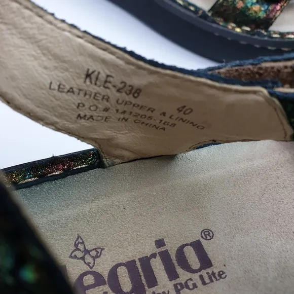 Alegria KlE sandals abalone leather embossed adjustable straps size 40