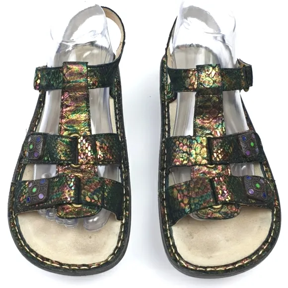 Alegria KlE sandals abalone leather embossed adjustable straps size 40