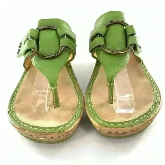 Alegria sandals 35 green leather thong sticky strap orthopedic comfort wedges