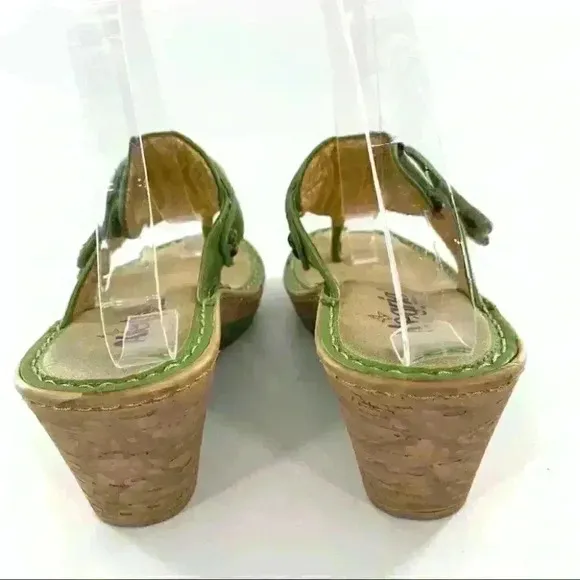 Alegria sandals 35 green leather thong sticky strap orthopedic comfort wedges