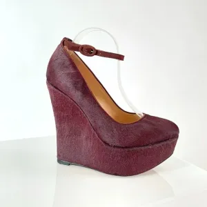 Alexandre Birman Burgundy Ponyhair Wedge w/ Ankle Buckle Detail