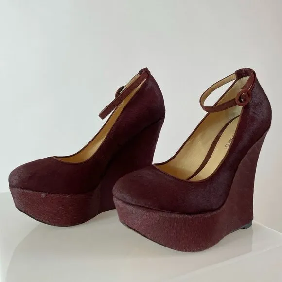 Alexandre Birman Burgundy Ponyhair Wedge w/ Ankle Buckle Detail