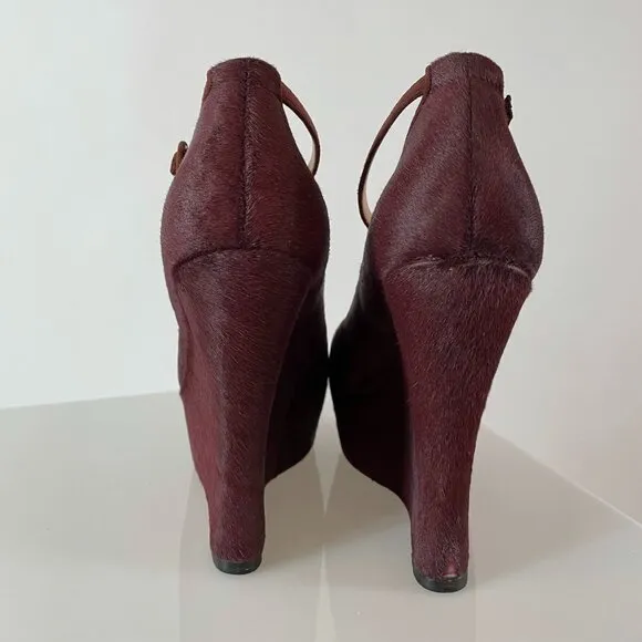 Alexandre Birman Burgundy Ponyhair Wedge w/ Ankle Buckle Detail
