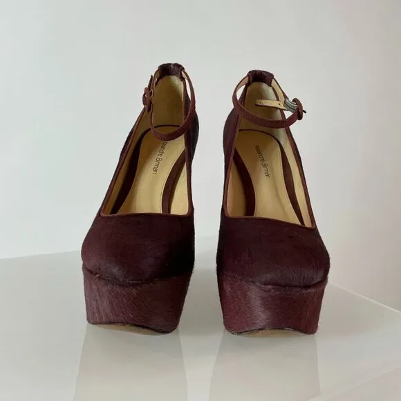 Alexandre Birman Burgundy Ponyhair Wedge w/ Ankle Buckle Detail