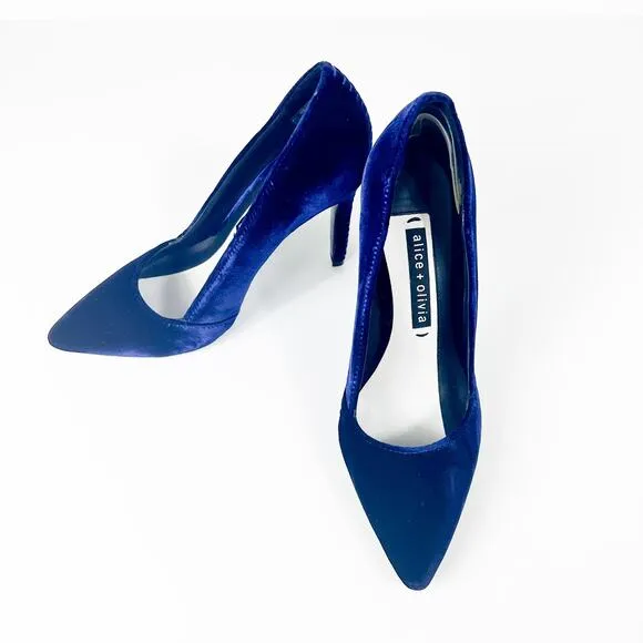 Alice &amp; Olivia Sapphire Blue Velvet Heels Stitch Details
