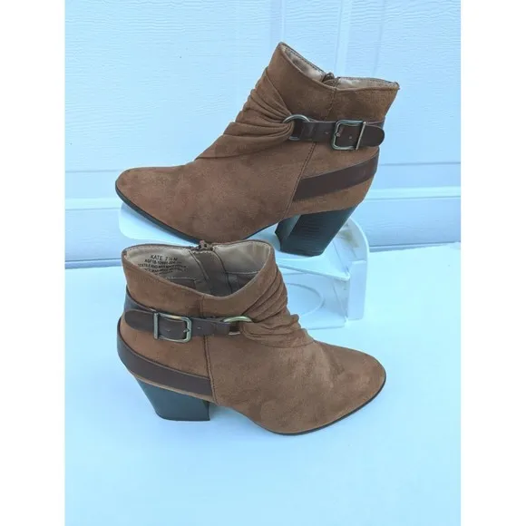 Andrew Geller Womens Kate Block Heel Ankle Boots Booties Faux Suede Brown 7.5