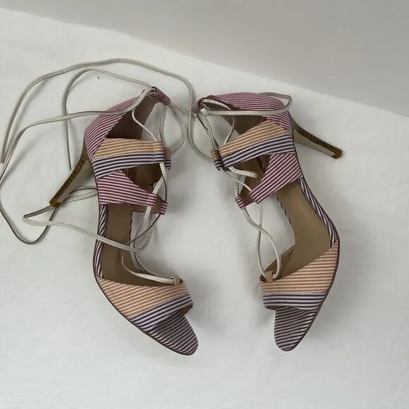 Anthropologie BILLY ELLA Striped Lace Up Heels 8.5 Sandals Shoes Pink Purple