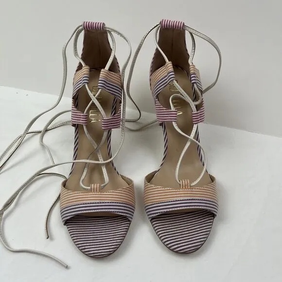 Anthropologie BILLY ELLA Striped Lace Up Heels 8.5 Sandals Shoes Pink Purple