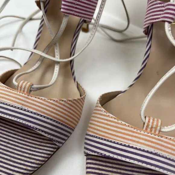 Anthropologie BILLY ELLA Striped Lace Up Heels 8.5 Sandals Shoes Pink Purple