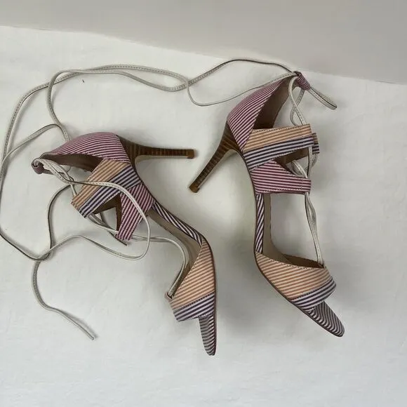 Anthropologie BILLY ELLA Striped Lace Up Heels 8.5 Sandals Shoes Pink Purple