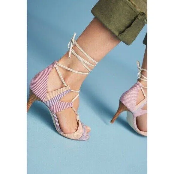 Anthropologie BILLY ELLA Striped Lace Up Heels 8.5 Sandals Shoes Pink Purple