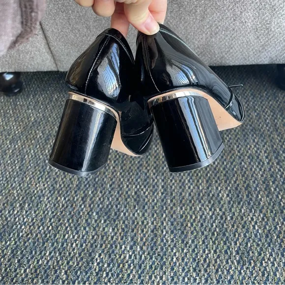 ANTONIO MELANI Patent Leather Loafer Pumps with Bow Detail and Silver Detail