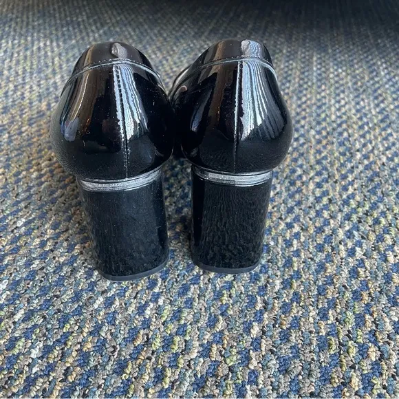 ANTONIO MELANI Patent Leather Loafer Pumps with Bow Detail and Silver Detail