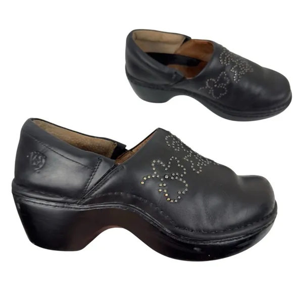 Ariat Black Leather Clog Mules Silver Embellishment Slip on Womens Size 8.5 B