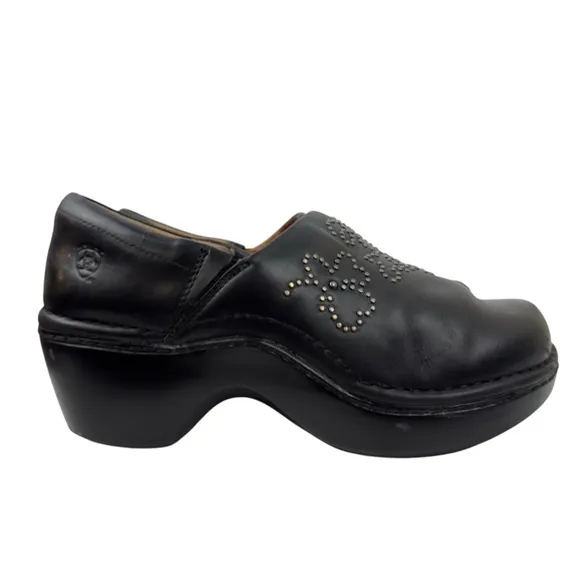 Ariat Black Leather Clog Mules Silver Embellishment Slip on Womens Size 8.5 B