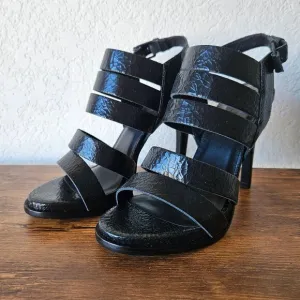 ATELJE 71 Black Crackle Leather 'Soire' Dress Sandals High Heels Shoes 7.5/38.5