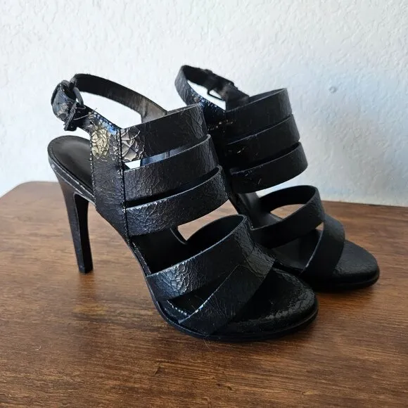ATELJE 71 Black Crackle Leather 'Soire' Dress Sandals High Heels Shoes 7.5/38.5